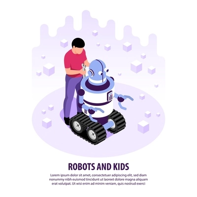 Isometric robots kids background with human character of teenage boy repairing robot crawler with editable text vector illustration