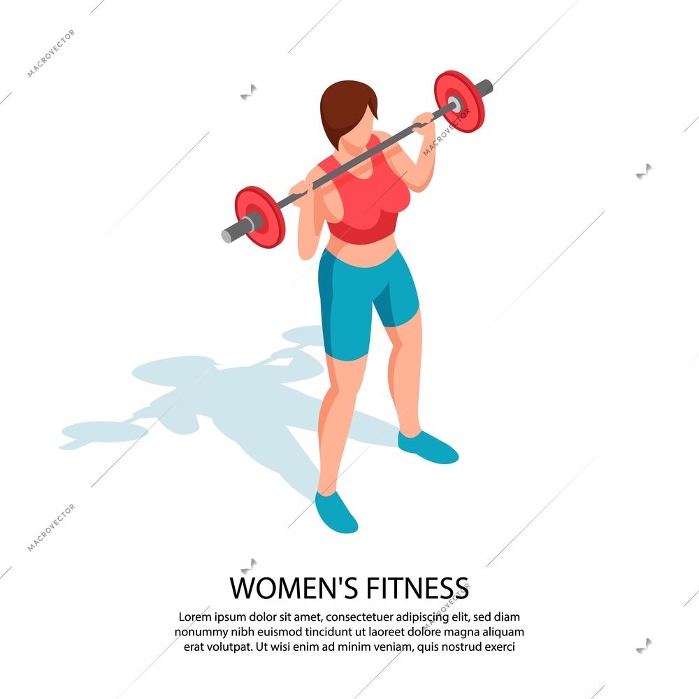 Isometric fitness sport woman horizontal banner background with character of female athlete with barbells and text vector illustration