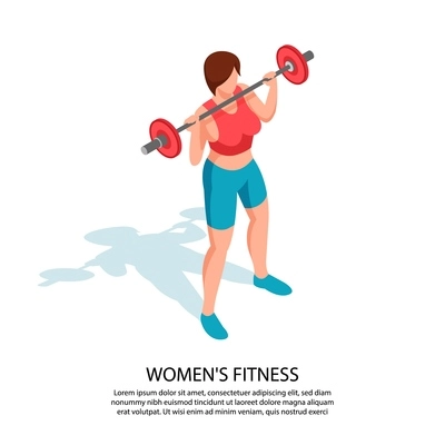 Isometric fitness sport woman horizontal banner background with character of female athlete with barbells and text vector illustration