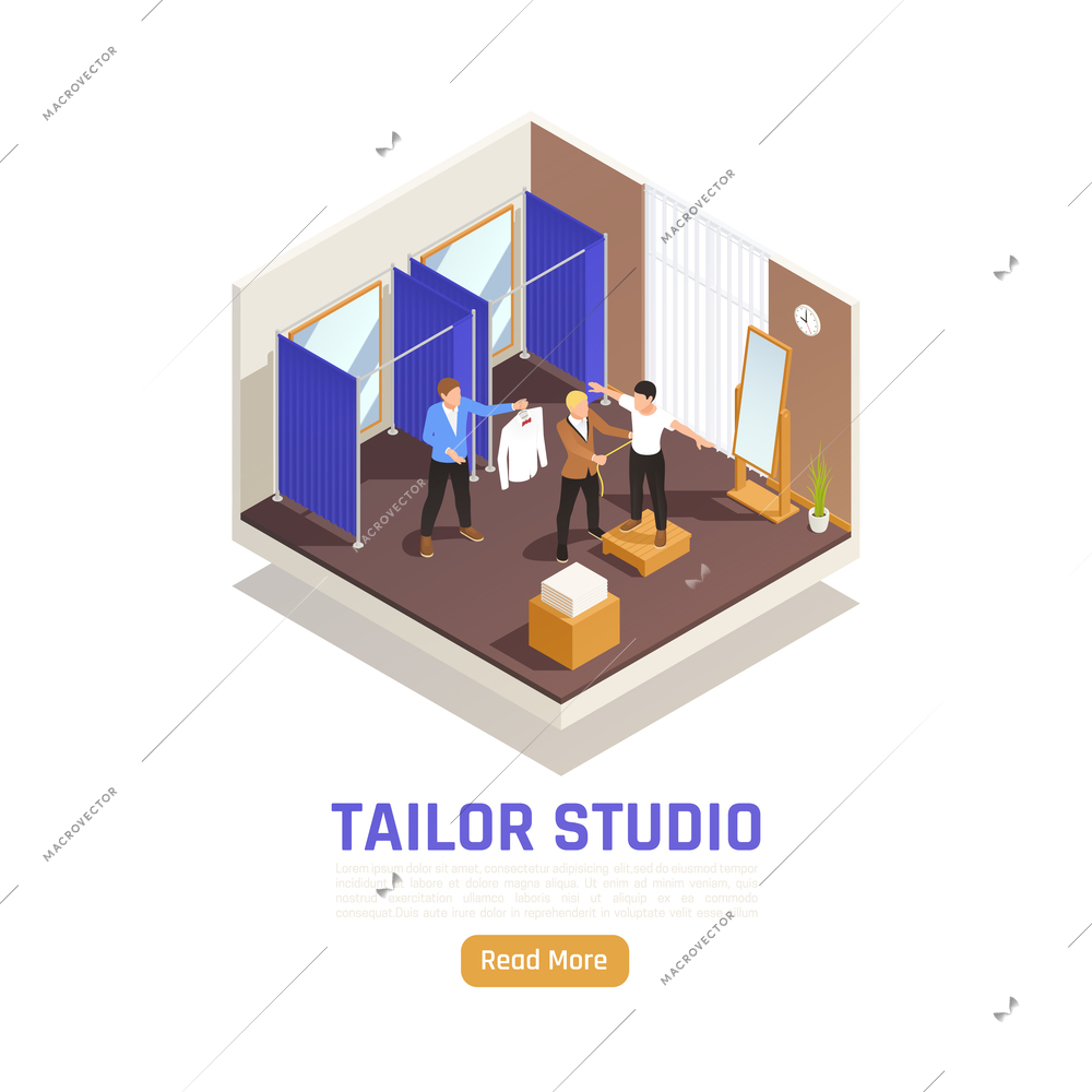 Fashion atelier studio garment alteration service isometric composition with tailor measuring client assistant holding shirt vector illustration