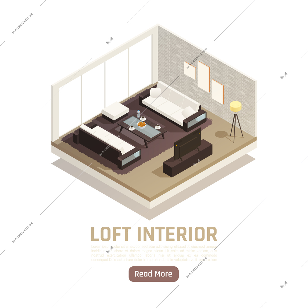 Modern loft family sitting room interior with glass window wall coffee table tv isometric view vector illustration