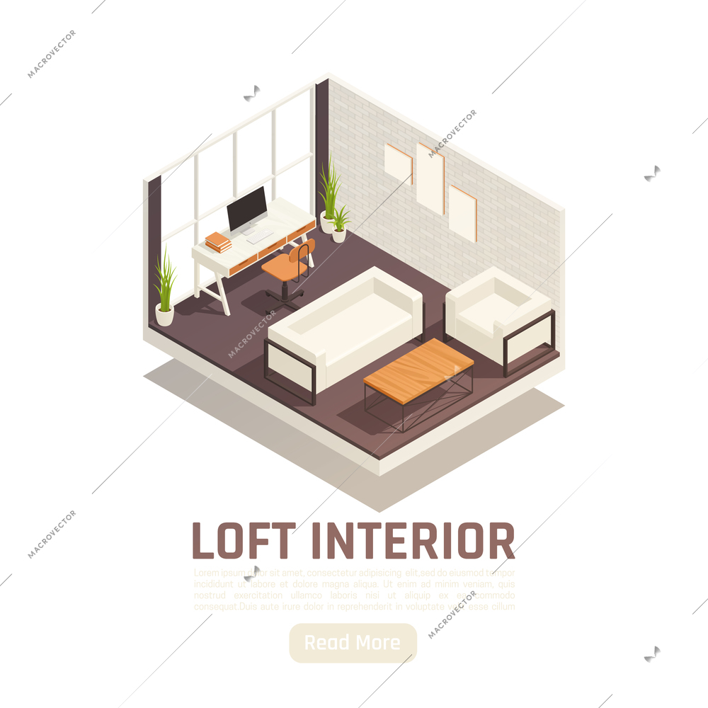 Modern loft study interior isometric design with window glass wall computer desk couch coffee table vector illustration