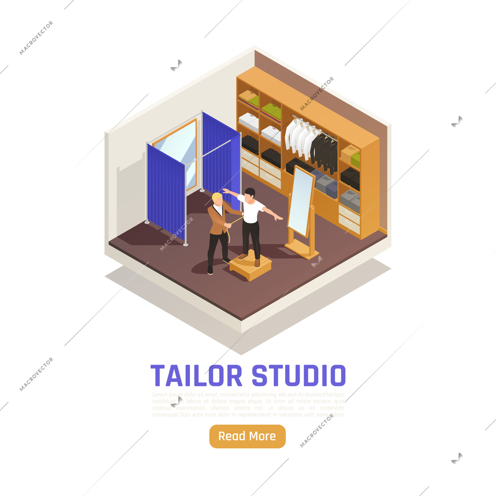 Fashion atelier studio custom tailored t shirt with perfect fit isometric composition with measuring client vector illustration