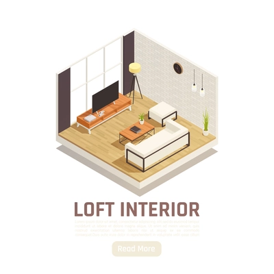 Modern loft lounge interior with big window tv cozy sofa coffee table lamp isometric view vector illustration