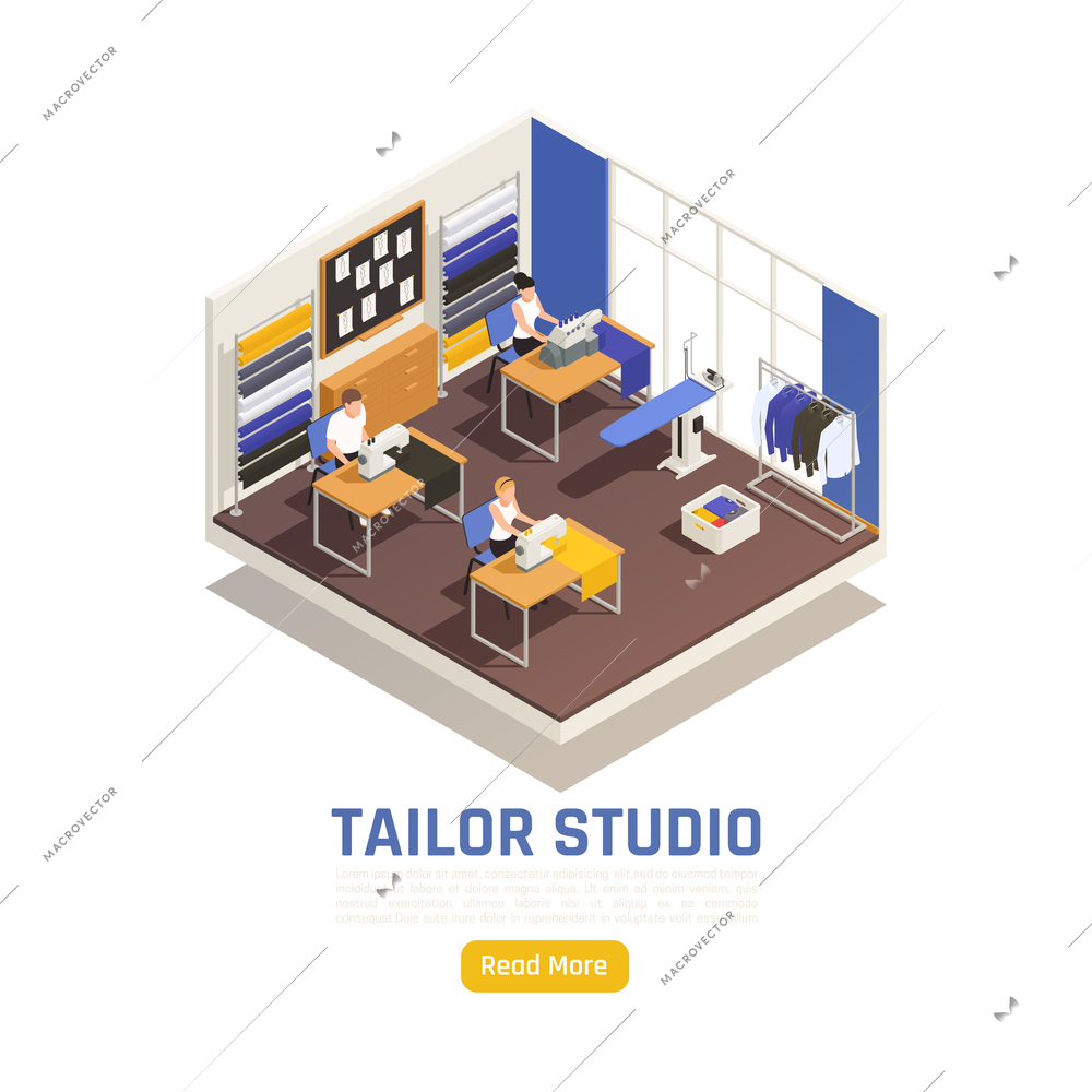 Fashion atelier studio interior isometric composition with dressmakers working at sewing machines tailored shirts rack vector illustration