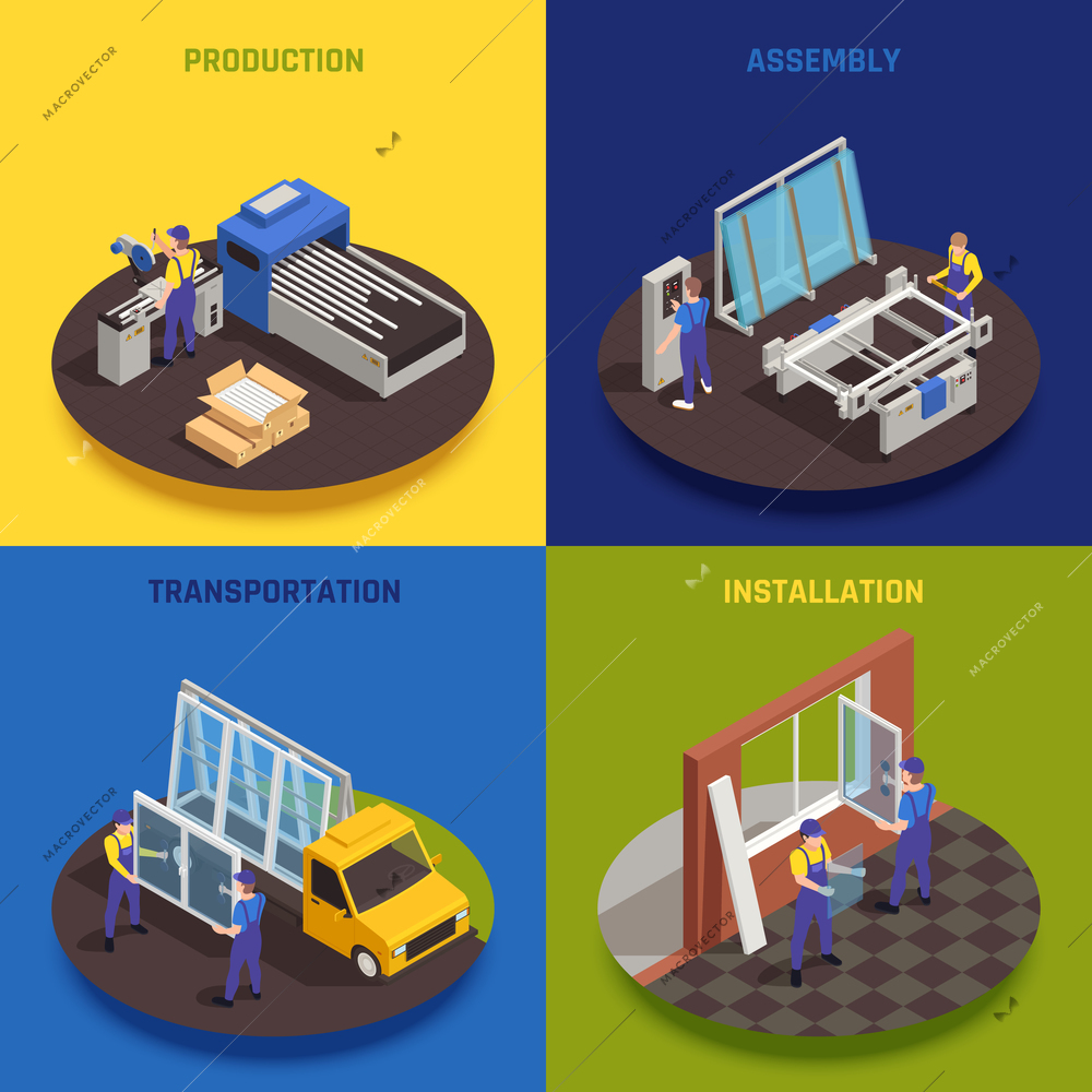 PVC glass window production concept 4 isometric compositions with manufacturing assembling transportation installation colorful background vector illustration