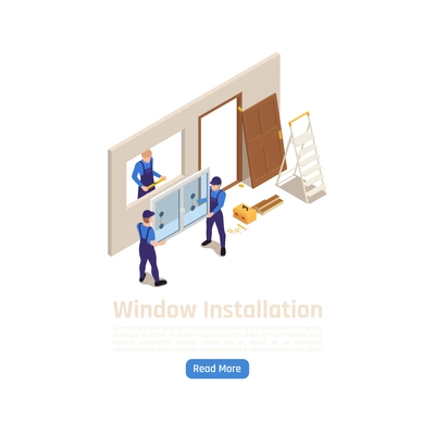 Building construction new pvc glass windows installation with workers adjusting insulated glazing wall element isometric vector illustration