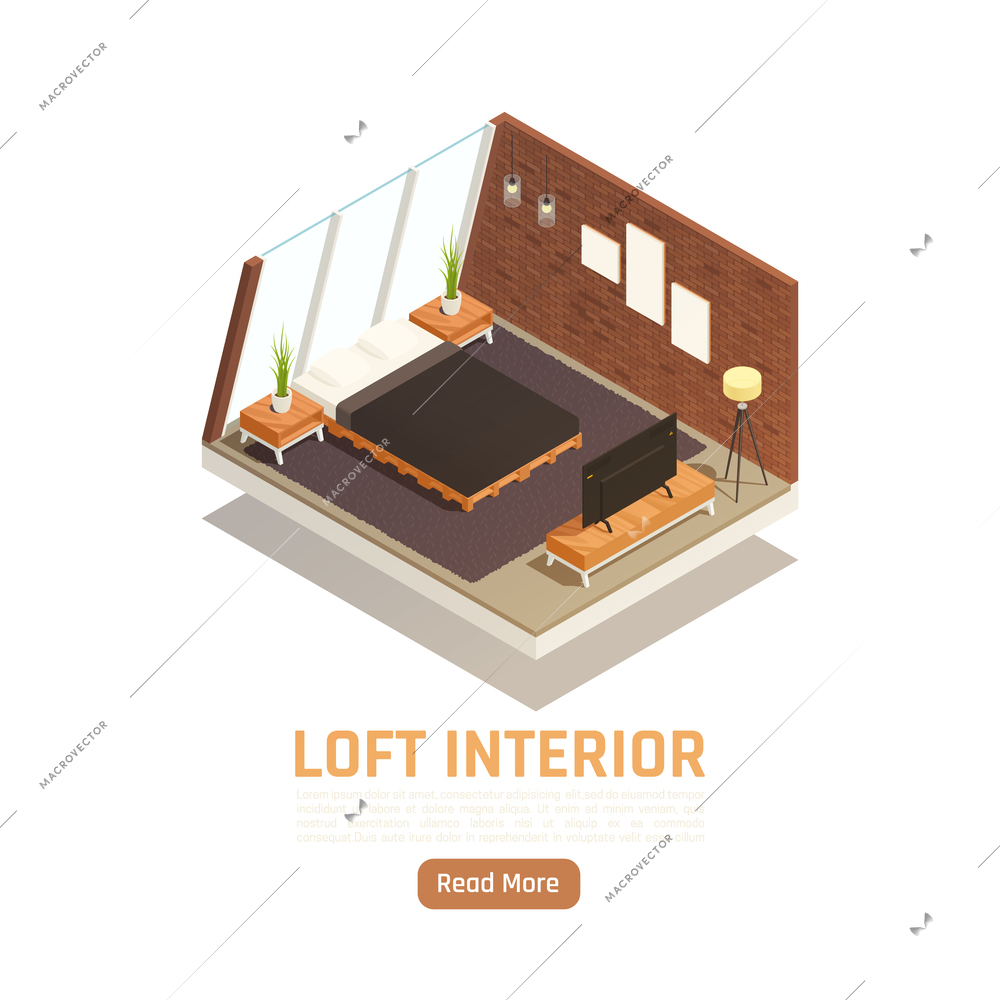 Modern loft apartment interior with glass window wall king size bed floor lamp isometric view vector illustration