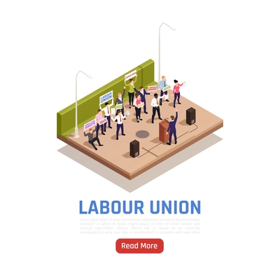 Labor union employees on strike giving speech holding banners fighting for their rights isometric composition vector illustration