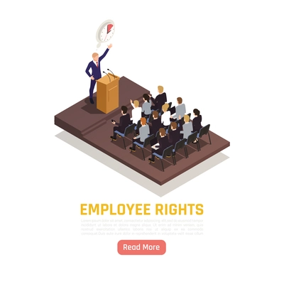 Trade union activist gives speech to company employees at meeting on their rights protection isometric composition vector illustration