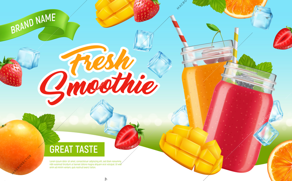 Realistic jar cocktail smoothie horizontal advertising poster with ice cubes fruit slices editable text and drinking bottles vector illustration