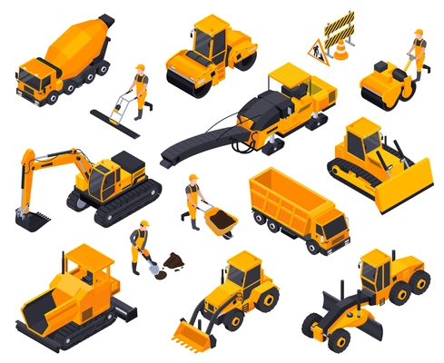 Isolated road construction isometric icon set with different yellow bulldozers cars machines vector illustration