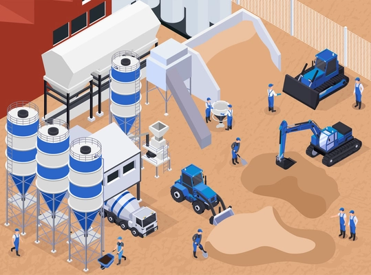 Colored and flat concrete cement production isometric composition with workers on the production vector illustration