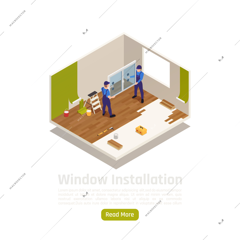 House apartment room renovation remodeling isometric interior view with pvc glass window installation web page vector illustration