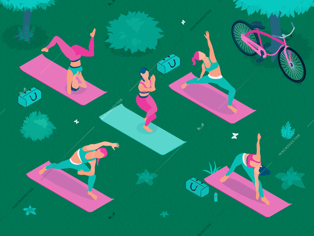 Outdoor yoga isometric poster with young women in yoga poses in park zone vector illustration