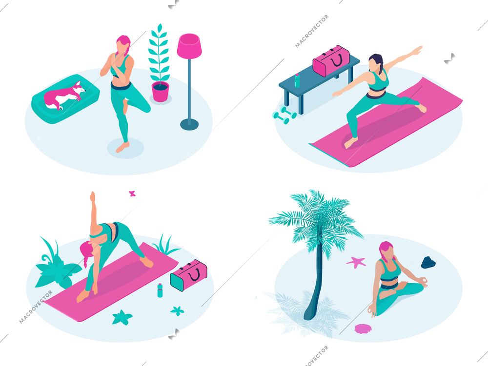Yoga 2x2 isometric design concept with women in yoga poses outdoor and home vector illustration
