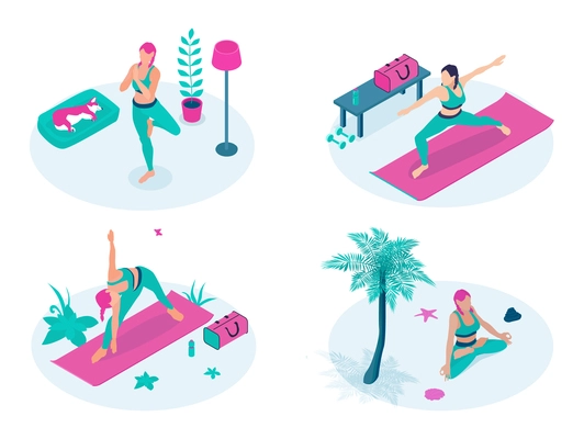 Yoga 2x2 isometric design concept with women in yoga poses outdoor and home vector illustration