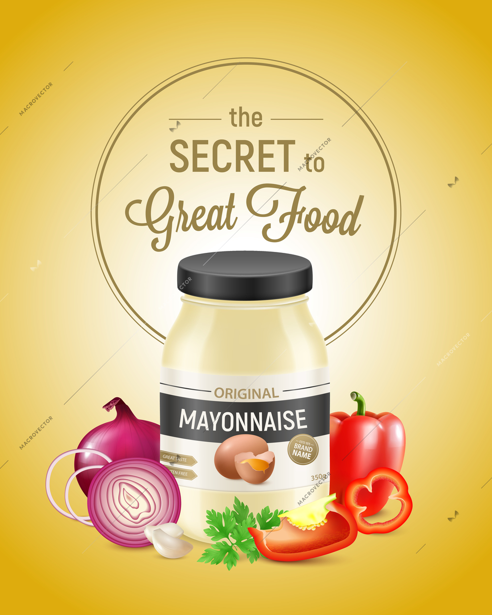 Realistic mayonnaise vertical background advertising composition with packaging vegetable slices and editable logo with text vector illustration