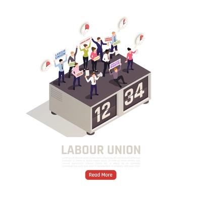 Employees with labor union members on strike protecting their wages working time rights isometric composition vector illustration