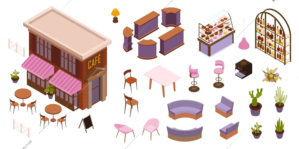 Restaurant and cafeteria interior isometric set of   furniture bar counter showcase and cafe building vector illustration