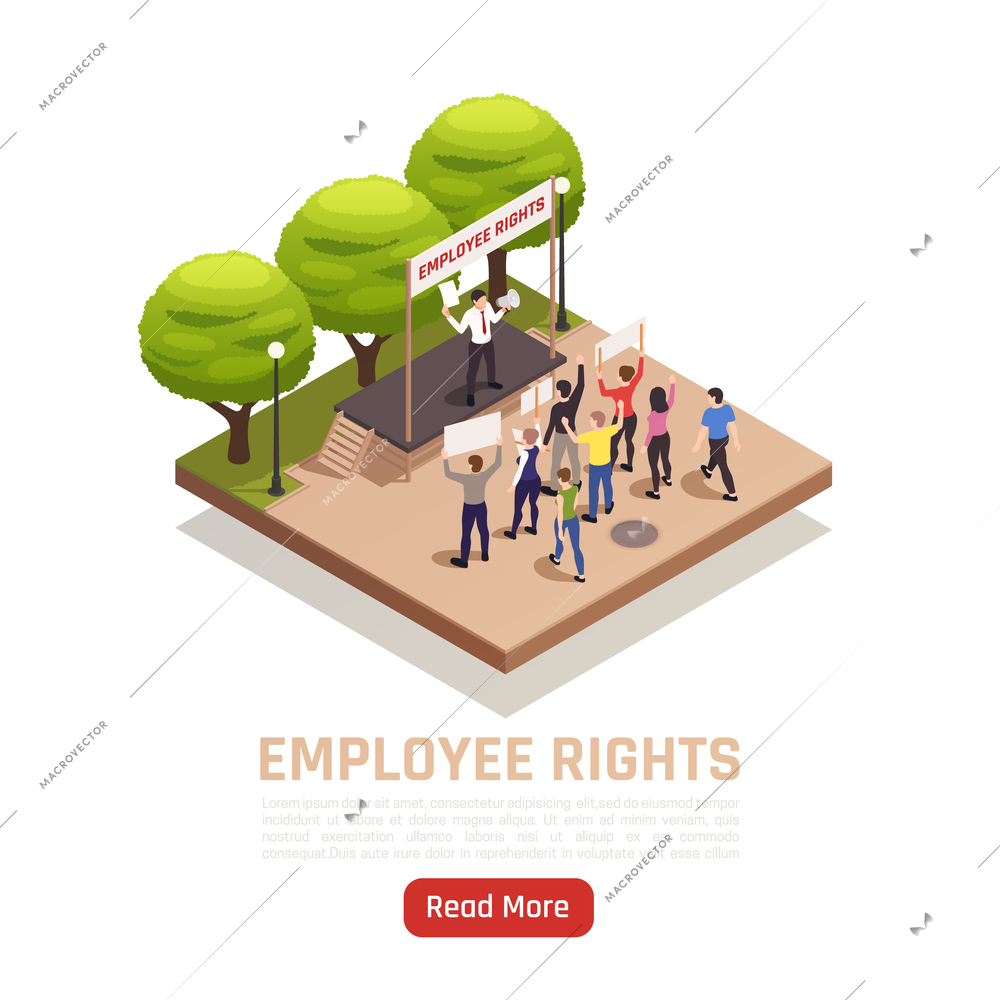 Labor strike outdoor action with employees defending their rights under trade union protection isometric composition vector illustration