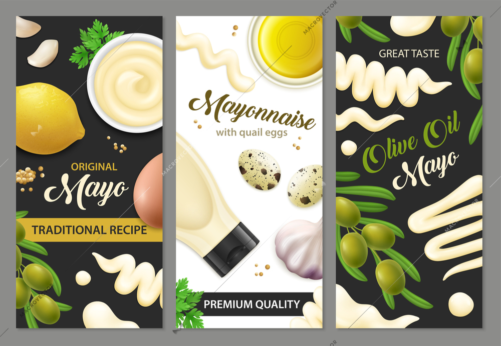 Realistic mayonnaise banners set with three vertical backgrounds editable text and images of eggs and vegetables vector illustration