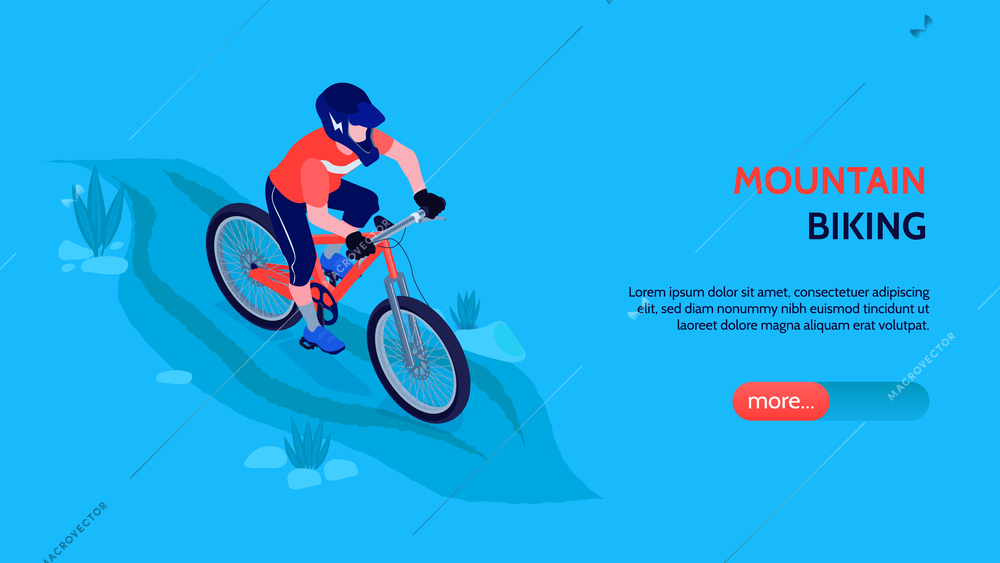 Mountain biking horizontal banner with bicyclist in sport form and helmets coming downhill on bicycle vector illustration