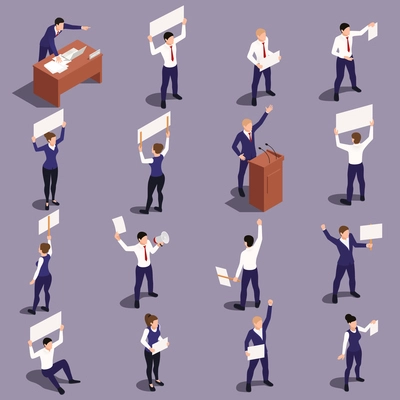 Trade labor union employees defending their rights holding banners picket signs isometric figures set gray background vector illustration