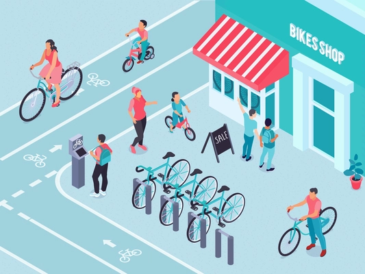 Bikes shop isometric background with bicycle parking outdoor sale billboard and visitors vector illustration