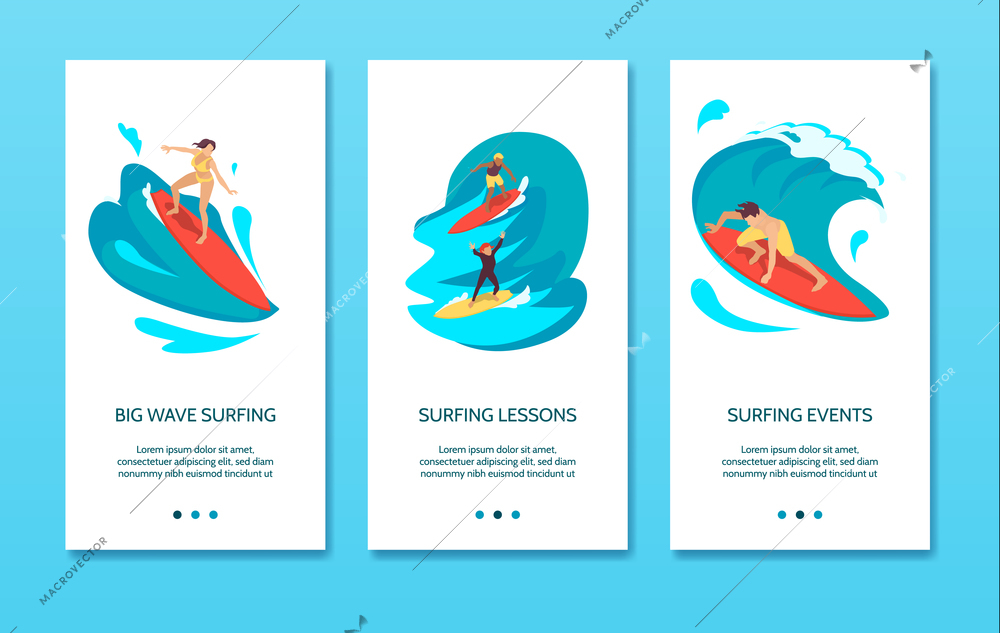 Surfing association big wave events instructors lessons equipment 3 vertical isometric banners blue background vector illustration