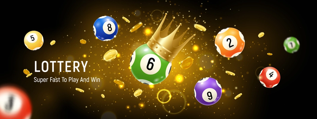 Realistic lotto balls horizontal background composition with text and shining particles with balls and numbers vector illustration