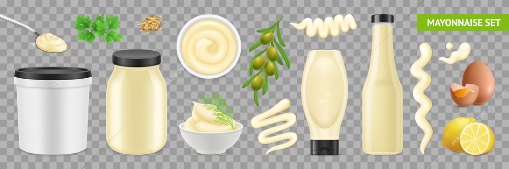 Realistic mayonnaise set with isolated images of ingredients packaging and nutrition plants on transparent background vector illustration