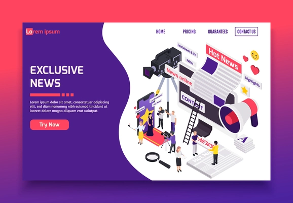 Journalistis reporters news media isometric banner or landing page with exclusive news links and try now button vector illustration