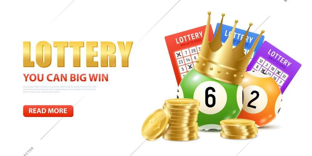 Realistic lottery composition with editable text read more button and images of golden coins and lotto balls vector illustration