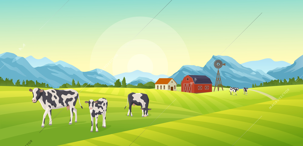 Farm summer landscape composition with outdoor scenery and cows with farming buildings mountains and wind mills vector illustration