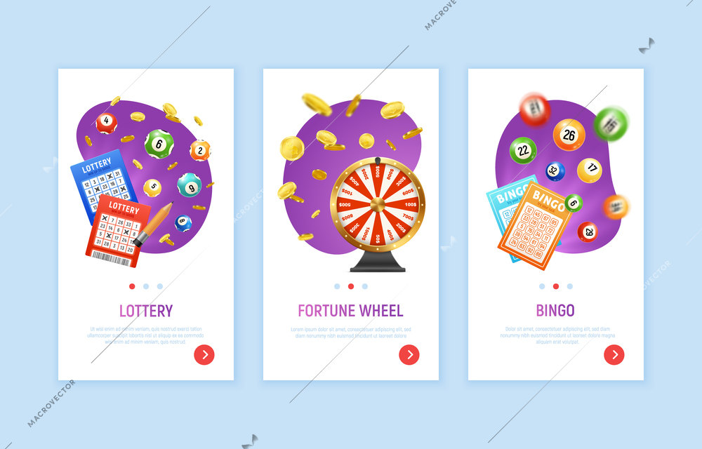 Set with three realistic bingo lottery vertical banners with page switch buttons editable text and images vector illustration