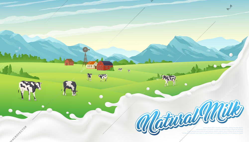 Rural landscape splash milk poster with liquid milky drops editable text and outdoor scenery with cows vector illustration