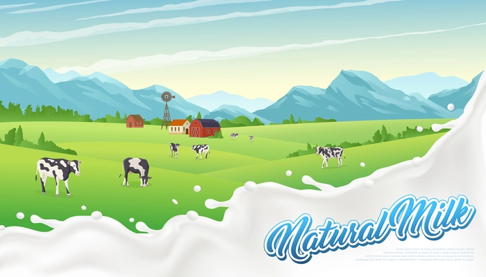 Rural landscape splash milk poster with liquid milky drops editable text and outdoor scenery with cows vector illustration