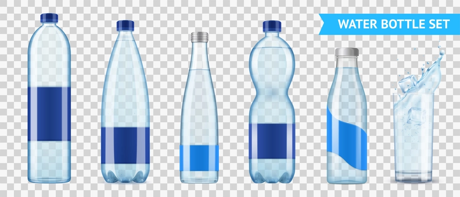 Realistic mineral water bottle set of six isolated images of plastic bottles for liquid on transparent background vector illustration