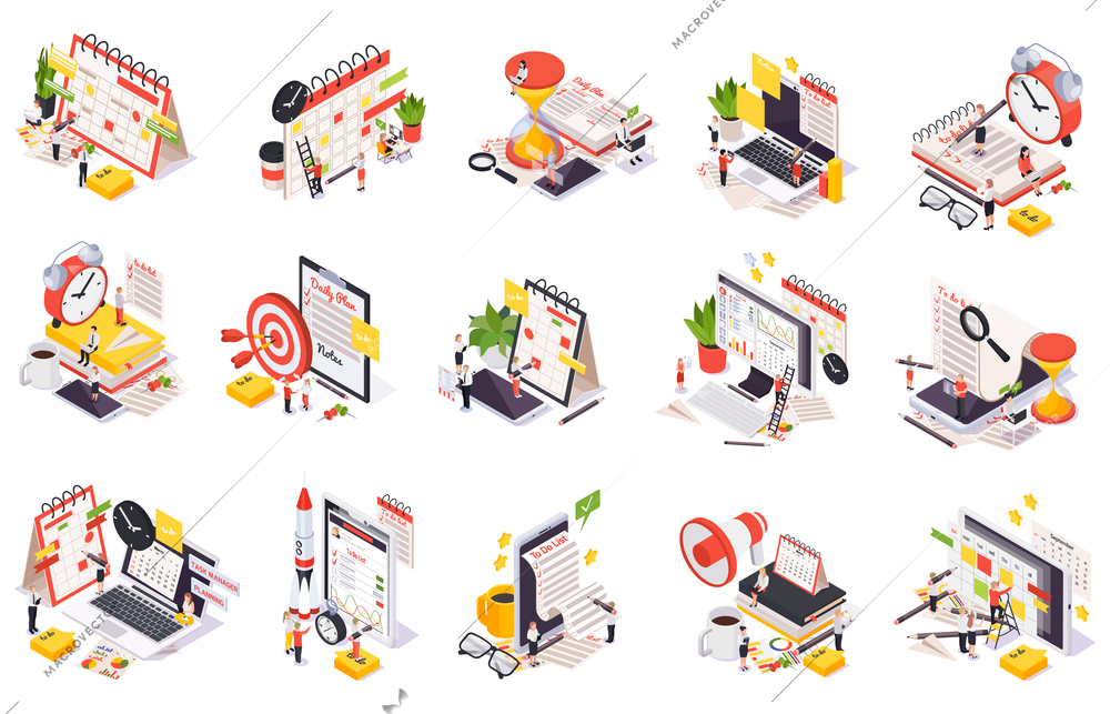 Colored time management planning schedule isometric icon set with to do list notes and other tools for planning vector illustration