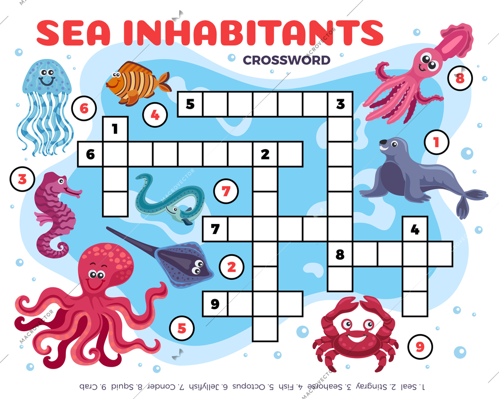 Sea inhabitants funny crossword composition with editable text digits and images of fishes and marine animals vector illustration