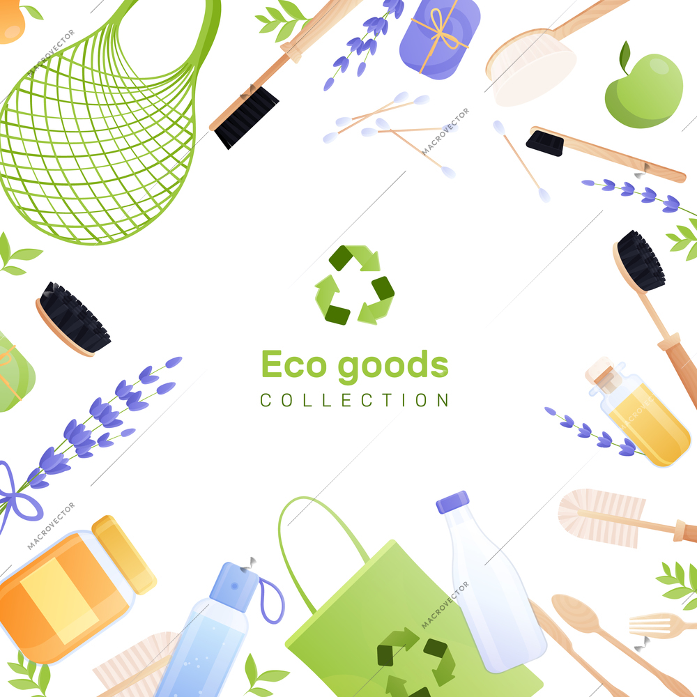 Eco goods flat background composition with collection of bath and body brush cosmetics soap bag  vector illustration