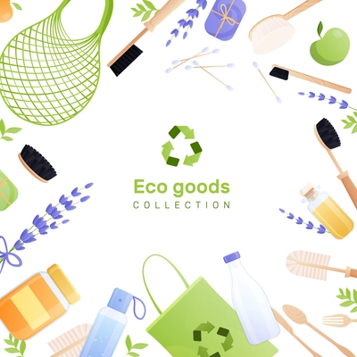 Eco goods flat background composition with collection of bath and body brush cosmetics soap bag  vector illustration