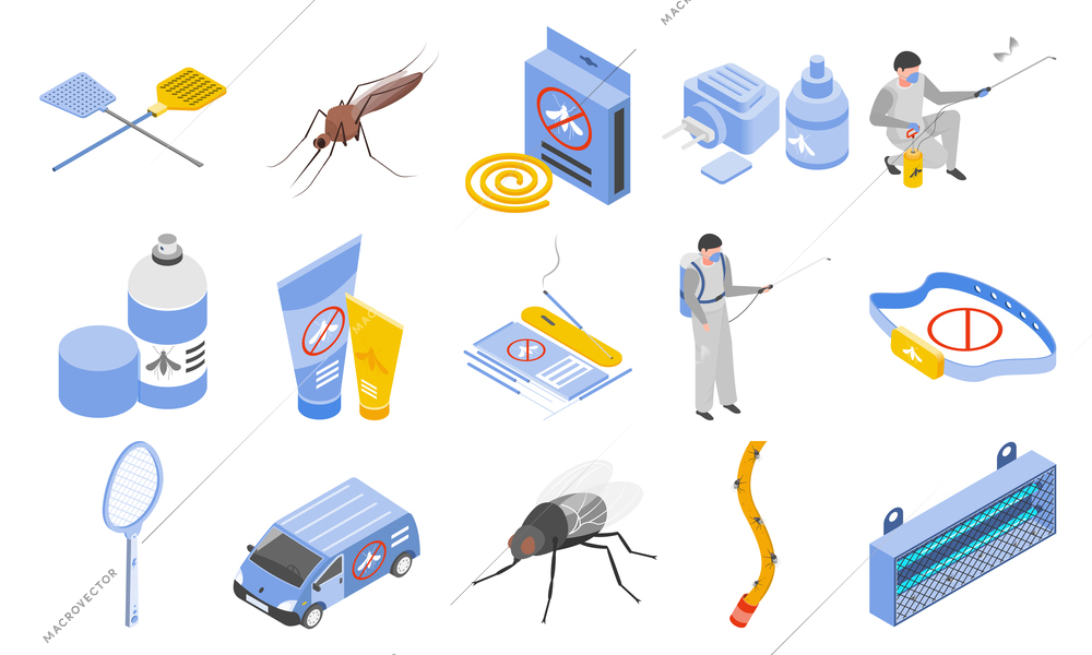 Mosquito protection icons set with insect repellents symbols isometric isolated vector illustration