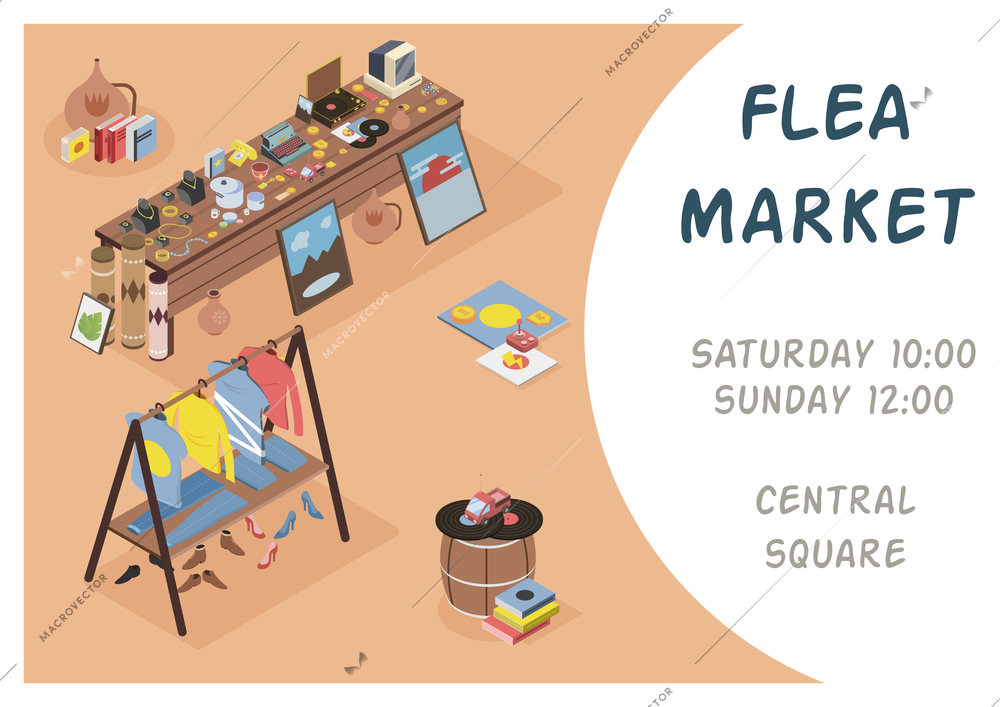 Flea market poster with opening hours and location information isometric vector illustration