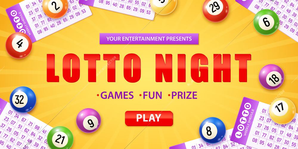 Realistic lotto background with composition of lottery tickets numeric balls and clickable play button with text vector illustration