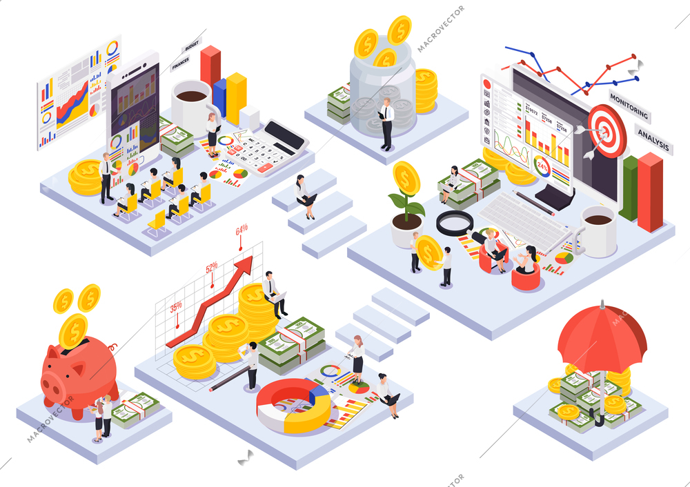 Isometric wealth management concept with abstract room or square islands and stairs about wealth management theme people planning strategy vector illustration