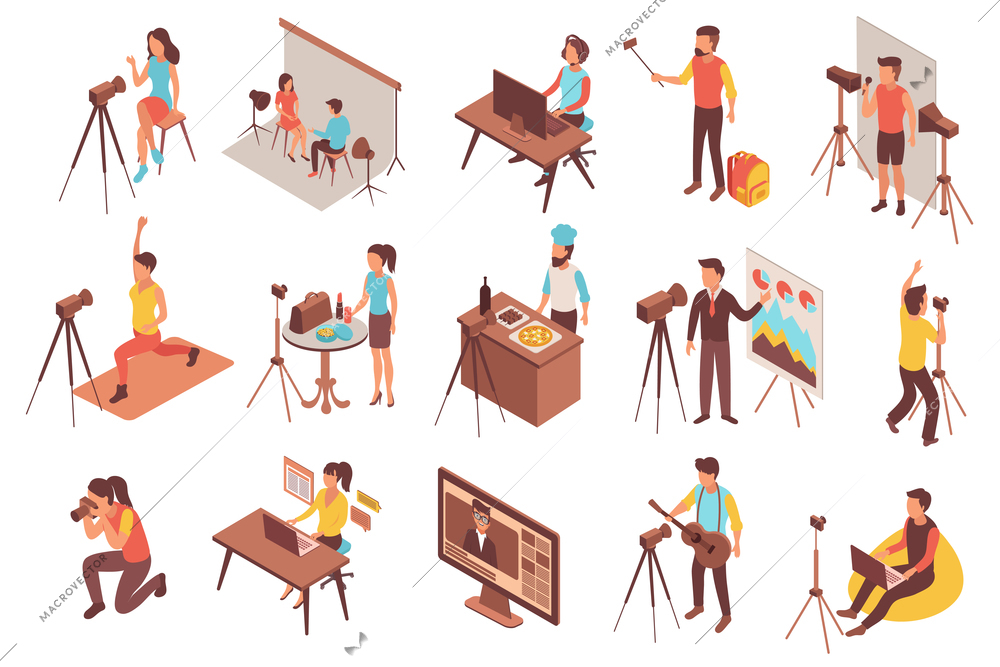 Blogger set of isometric icons and isolated images of video blog production process with human characters vector illustration