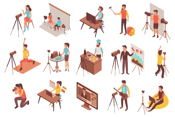 Blogger set of isometric icons and isolated images of video blog production process with human characters vector illustration