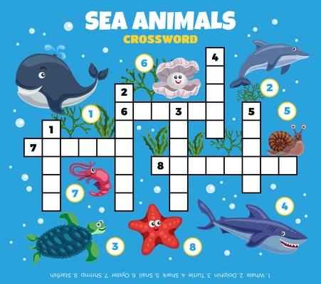 Sea inhabitants funny crossword composition with cartoon style images of fishes with air bubbles and plants vector illustration